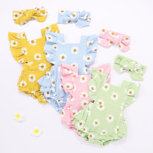 Sweet Daisy Floral Fly Sleeve Bow Bodysuit