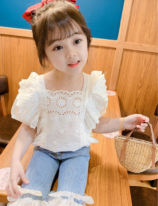 Girls Short-sleeved Lace Shirt  Lace Flared Jeans Princess Fashion Suit