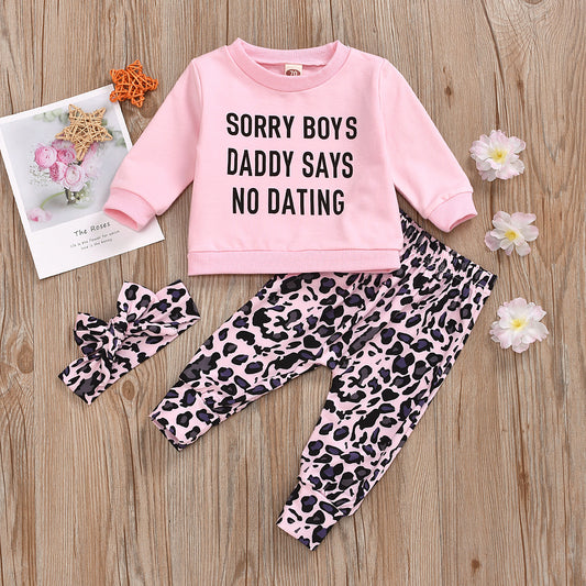 Long Sleeve Letter Print Leopard Print Pants Children's Set