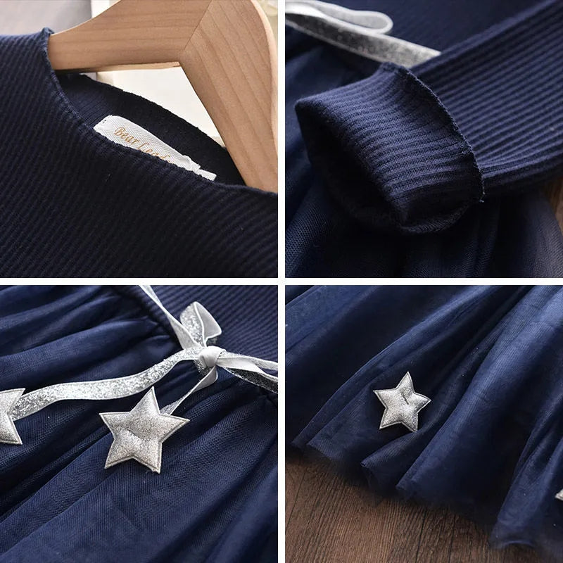 Long Sleeve Solid Color Princess Dress Girls Tether Belt Accessories Star Net Gauze Skirt