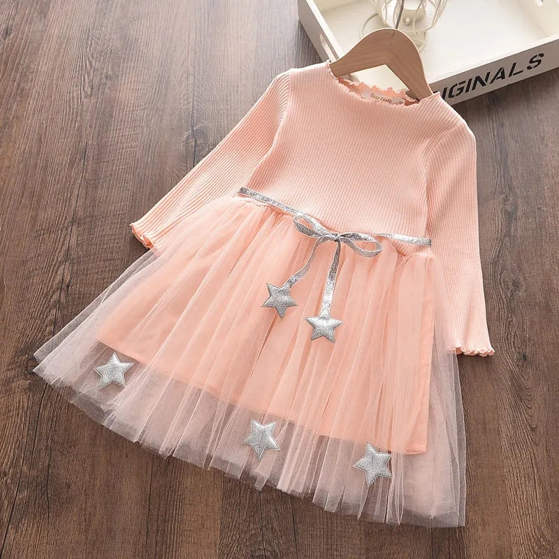 Long Sleeve Solid Color Princess Dress Girls Tether Belt Accessories Star Net Gauze Skirt