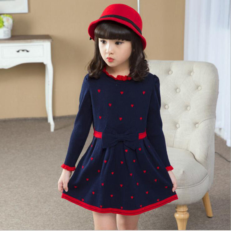 Children's Clothing Color Selection Girl Sweater Dress Long-sleeved Round Neck Bow Stitching Korean Princess Dress