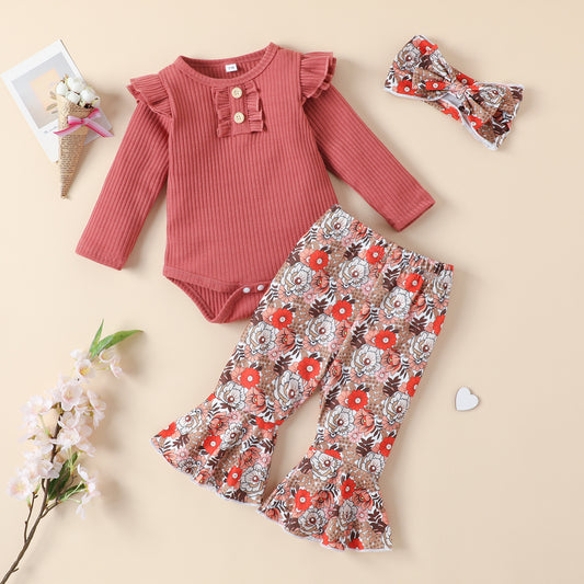 Autumn Baby Children's Suit Solid Color Rib Fabric Romper Flared Pants Headdress Three-piece Set