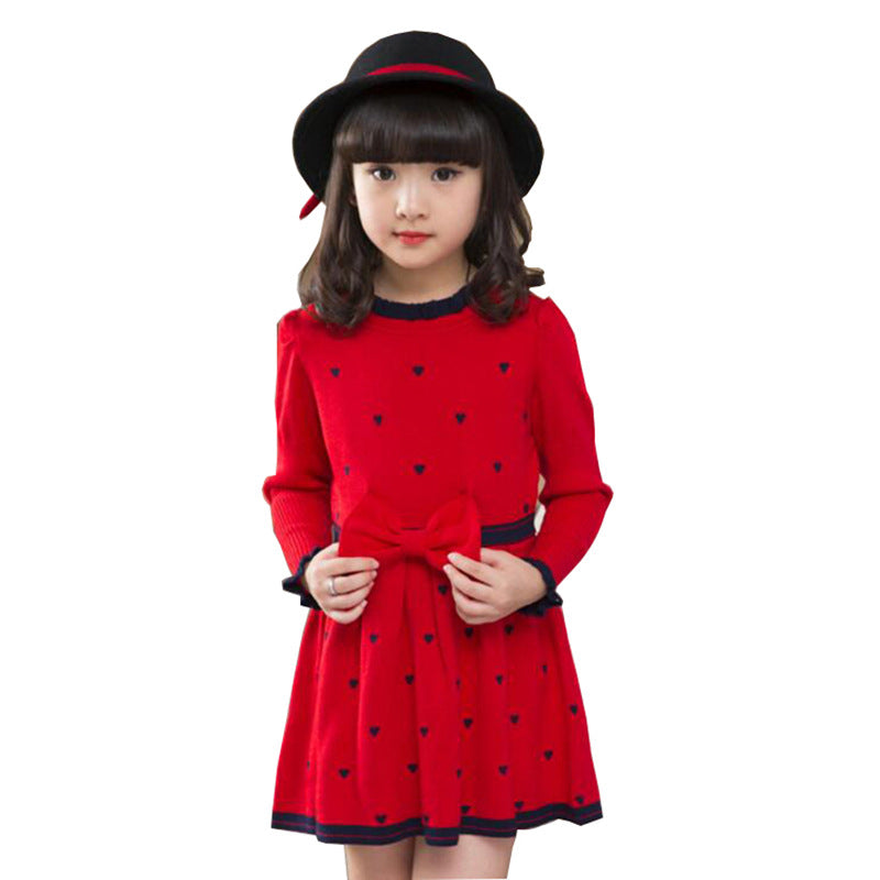 Children's Clothing Color Selection Girl Sweater Dress Long-sleeved Round Neck Bow Stitching Korean Princess Dress