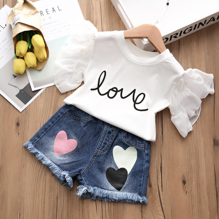 Girls Denim Shorts + Short-sleeved T-shirt Clothing Two-piece