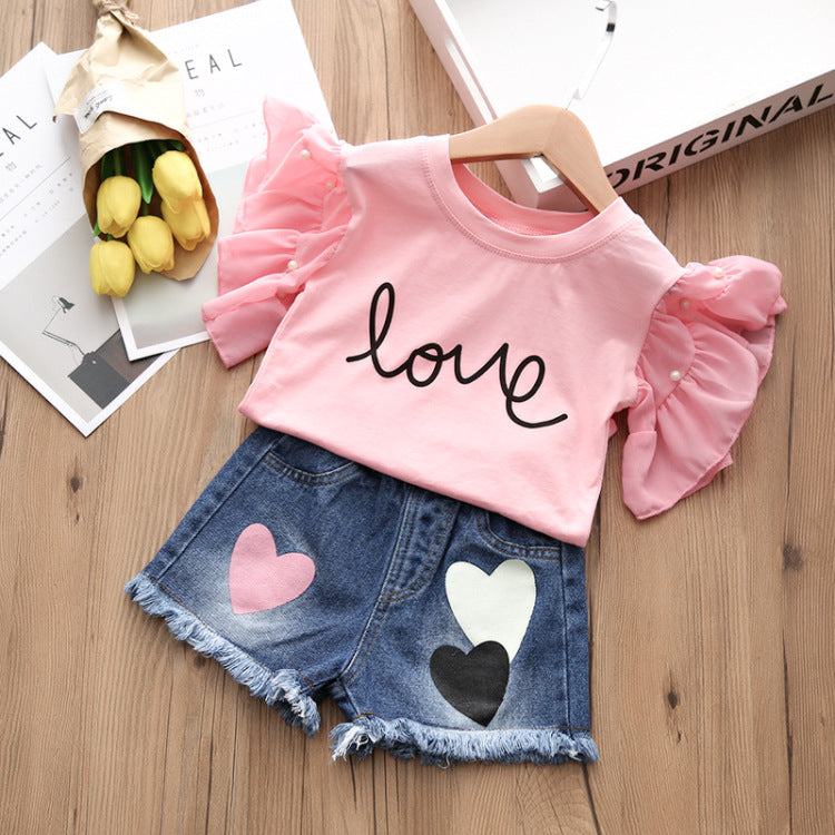 Girls Denim Shorts + Short-sleeved T-shirt Clothing Two-piece