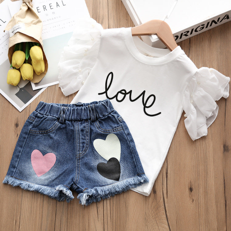 Girls Denim Shorts + Short-sleeved T-shirt Clothing Two-piece