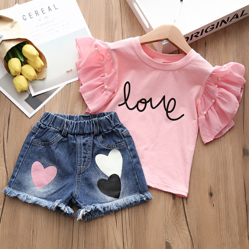 Girls Denim Shorts + Short-sleeved T-shirt Clothing Two-piece