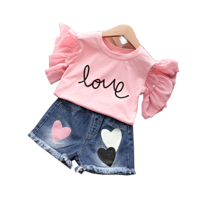 Girls Denim Shorts + Short-sleeved T-shirt Clothing Two-piece