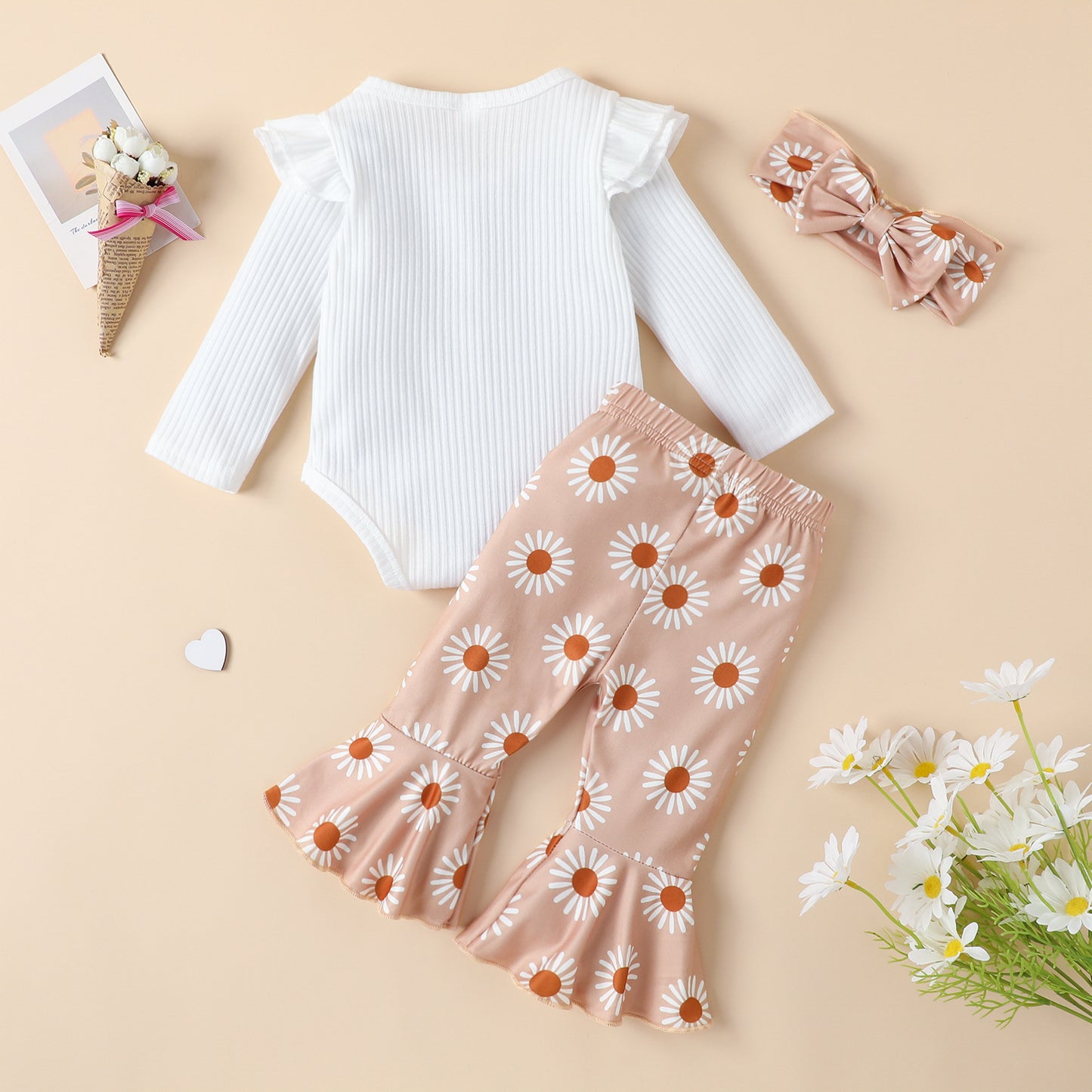 Autumn Baby Children's Suit Solid Color Rib Fabric Romper Flared Pants Headdress Three-piece Set