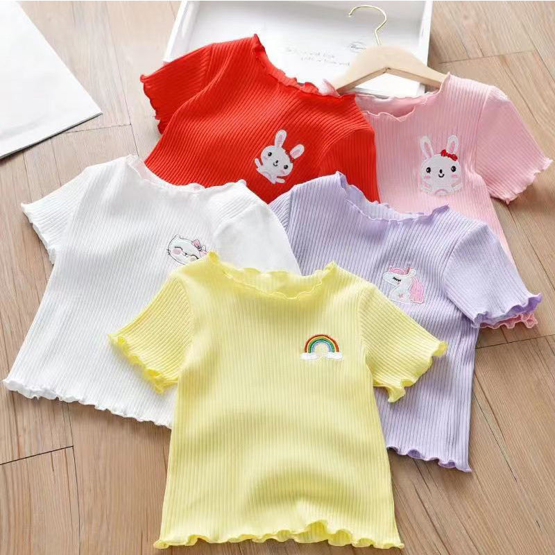 Embroidered Children's Short-sleeved T-shirt Summer Wear Ear Base Shirt Little Girl Baby Cute Western Style Top