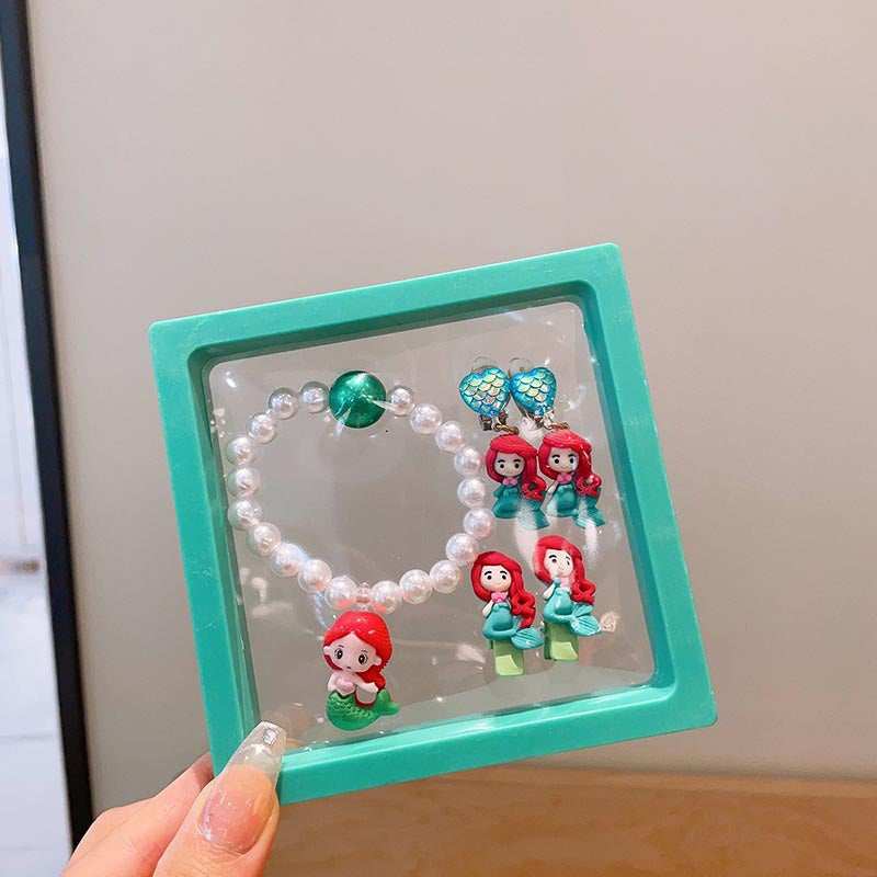 Children's Cartoon Princess Beaded Bracelet Set Cute Baby Hairpin Rubber Tendon Earrings Jewelry Gift Box Girls' Accessories