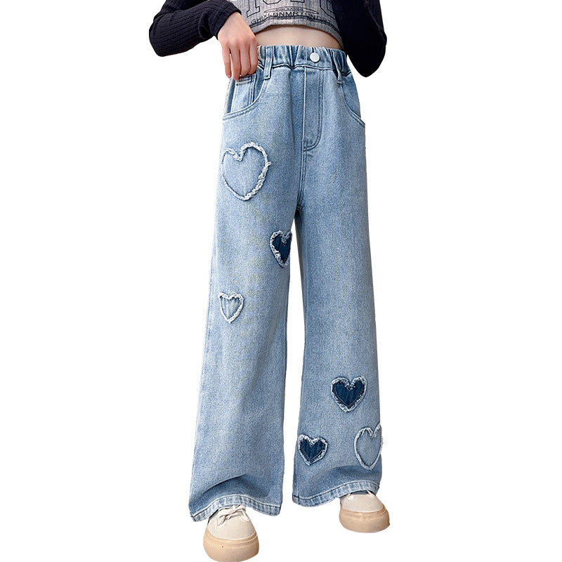 Girls' Love Frayed Denim Wide-leg Pants Loose