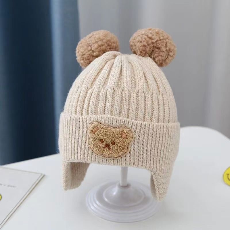 Baby Hat Bear Wool Knitted Cap Solid Color Beret Winter Baby Ear Protection Cap