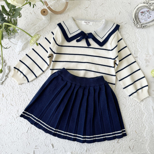 Spring New College Style Girls Navy Striped Sweater Navy Pleated Skirt Suit