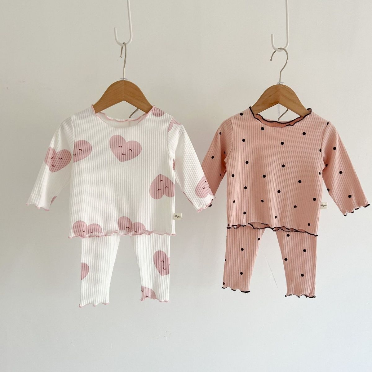 Girls' Home Wear Autumn New Baby Girls' Long-sleeved Ice Silk Rib Pit Pajamas Two-piece Set Wooden Ear Suit