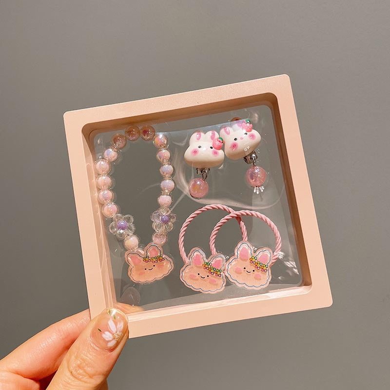 Children's Cartoon Princess Beaded Bracelet Set Cute Baby Hairpin Rubber Tendon Earrings Jewelry Gift Box Girls' Accessories