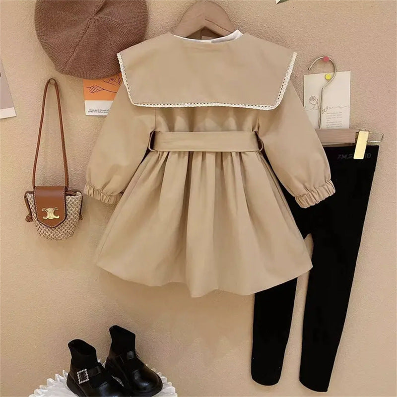 Girls' Stylish Doll Collar Coat Waist Jacket Coat Little Girl's Autumn Clothes