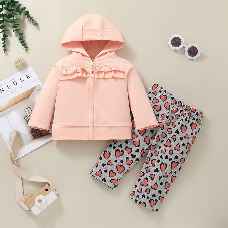 Baby Hooded Zipper Jacket Set Baby Cartoon Variety Of Tops + Trousers Two-piece Set