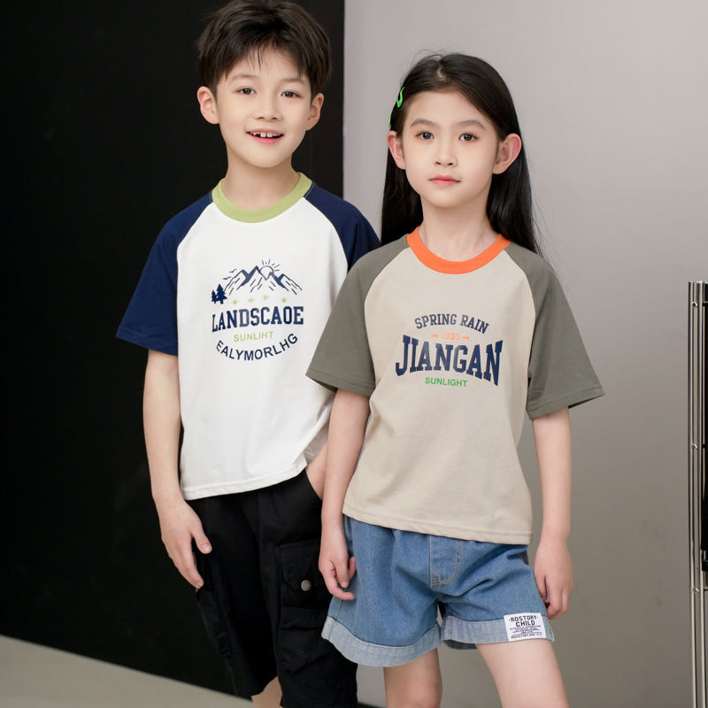 Summer Children's Short-sleeved T-shirt Boys' Raglan Printed Cotton Big Children's Half-sleeved Girls' Bottoming Top Children's Children's Wear