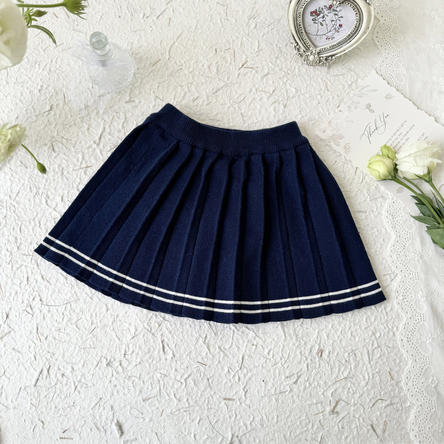 Spring New College Style Girls Navy Striped Sweater Navy Pleated Skirt Suit