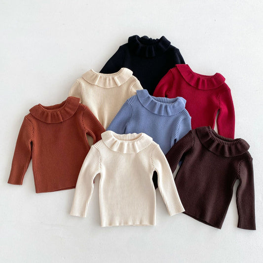 Sweater Outer Wear Lapel Top For Baby Girls Solid Color All-match Autumn And Winter Bottoming Pullover Sweater