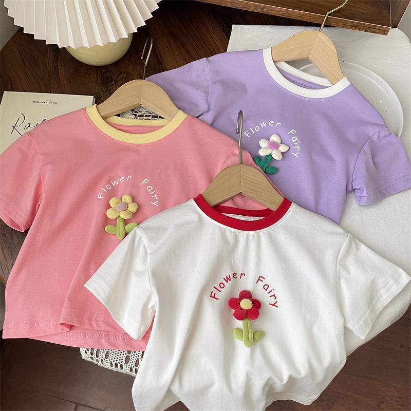 Girls' Summer Short-sleeved T-shirt Baby Girl Princess Style Western Style Half-sleeved Top Children's Contrast Color Fresh Top