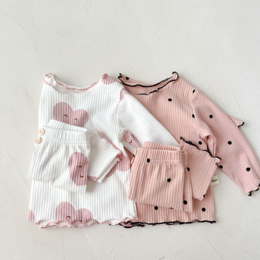 Girls' Home Wear Autumn New Baby Girls' Long-sleeved Ice Silk Rib Pit Pajamas Two-piece Set Wooden Ear Suit