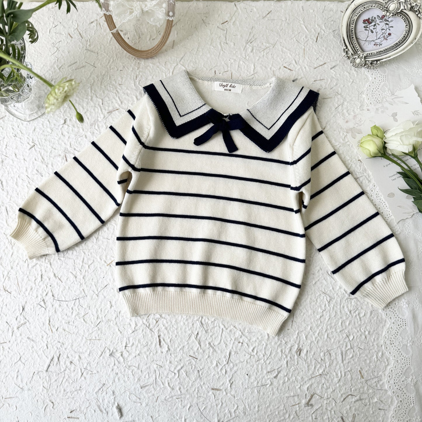 Spring New College Style Girls Navy Striped Sweater Navy Pleated Skirt Suit