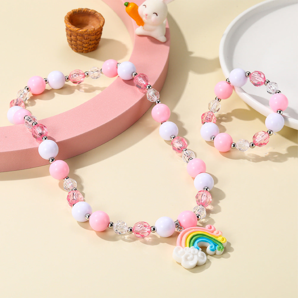 Necklace Suit Pink Girl Beaded Bracelet Necklace Unicorn Rainbow Pendant Necklace