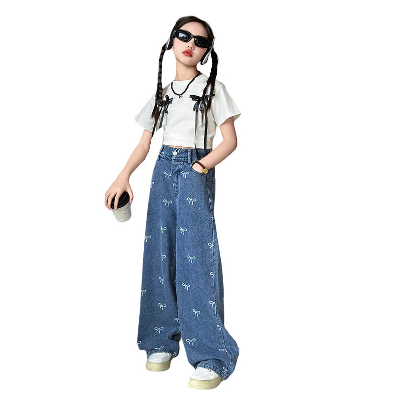 Girls Pants Jeans Bow Printed Wide Leg Pants Fashionable Western Style