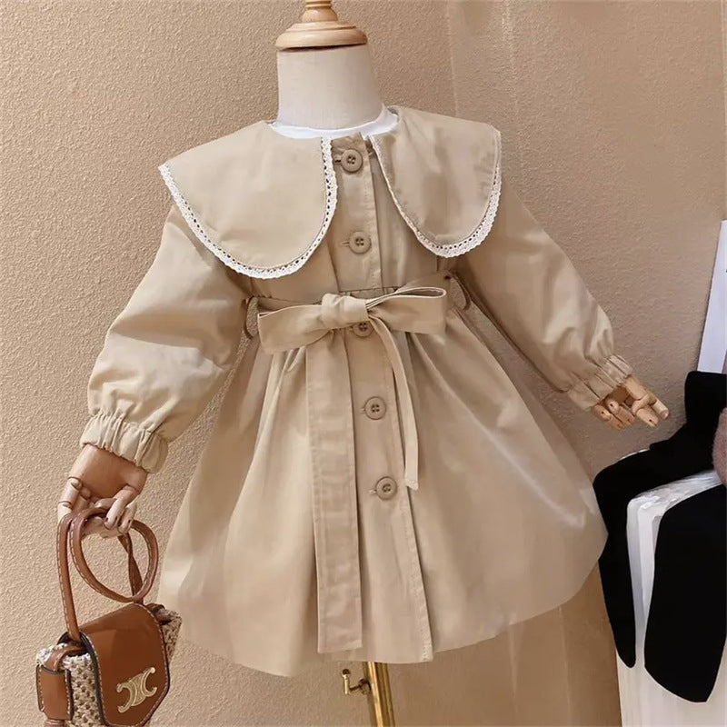 Girls' Stylish Doll Collar Coat Waist Jacket Coat Little Girl's Autumn Clothes