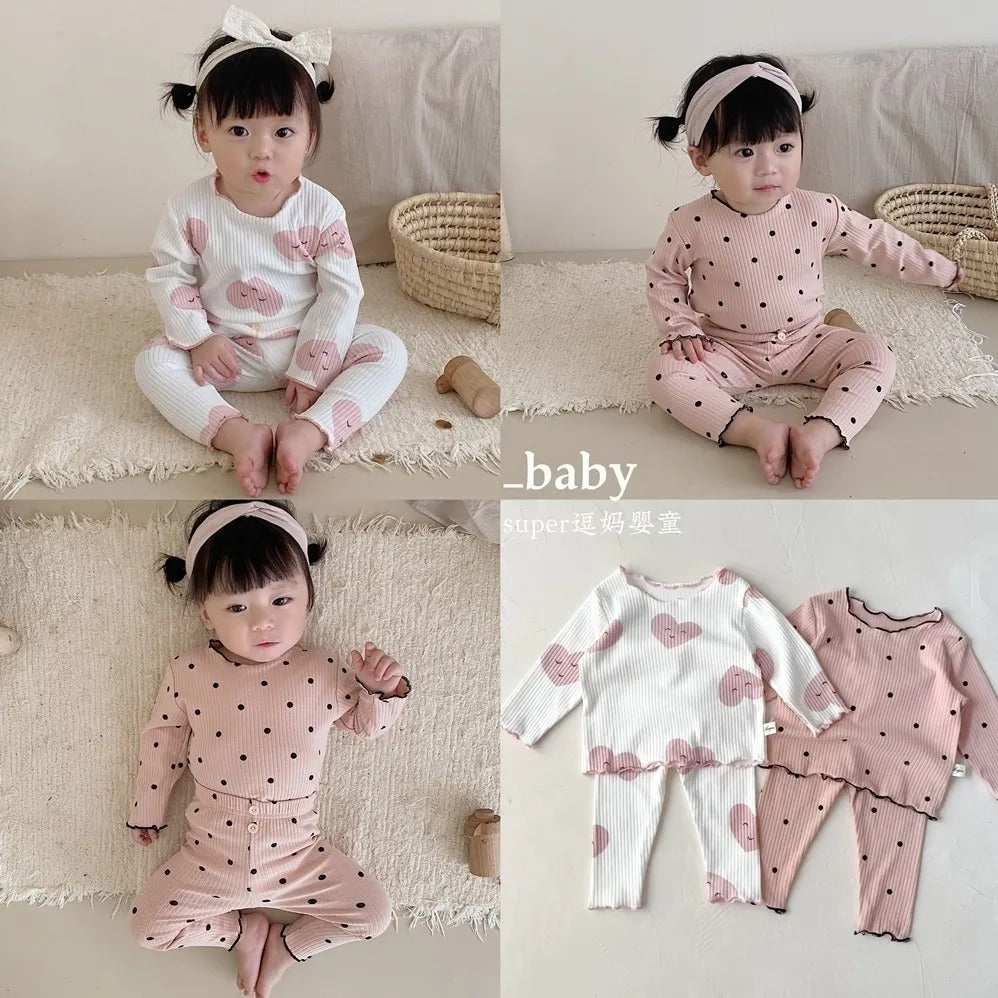 Girls' Home Wear Autumn New Baby Girls' Long-sleeved Ice Silk Rib Pit Pajamas Two-piece Set Wooden Ear Suit