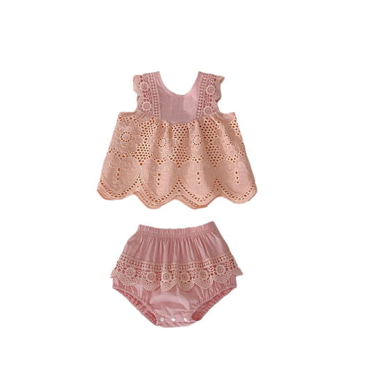 Summer Infant Girl Baby Round Neck Sleeveless Lace Stitching Top + Solid Color Bag Fart Pants 2 Pieces Suit