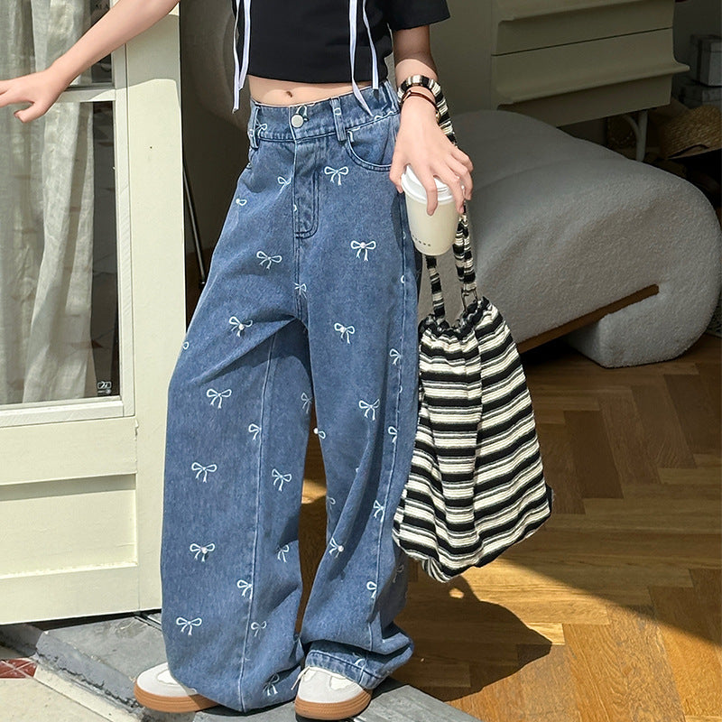 Girls Pants Jeans Bow Printed Wide Leg Pants Fashionable Western Style