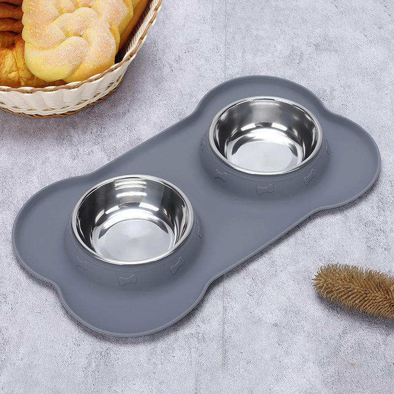 Silicone Pet Bowl Roll Border Spill Cat And Dog Pet Feeding Bowl Portable Foldable Silicone Dog Bowl Stainless Steel Double Bowl