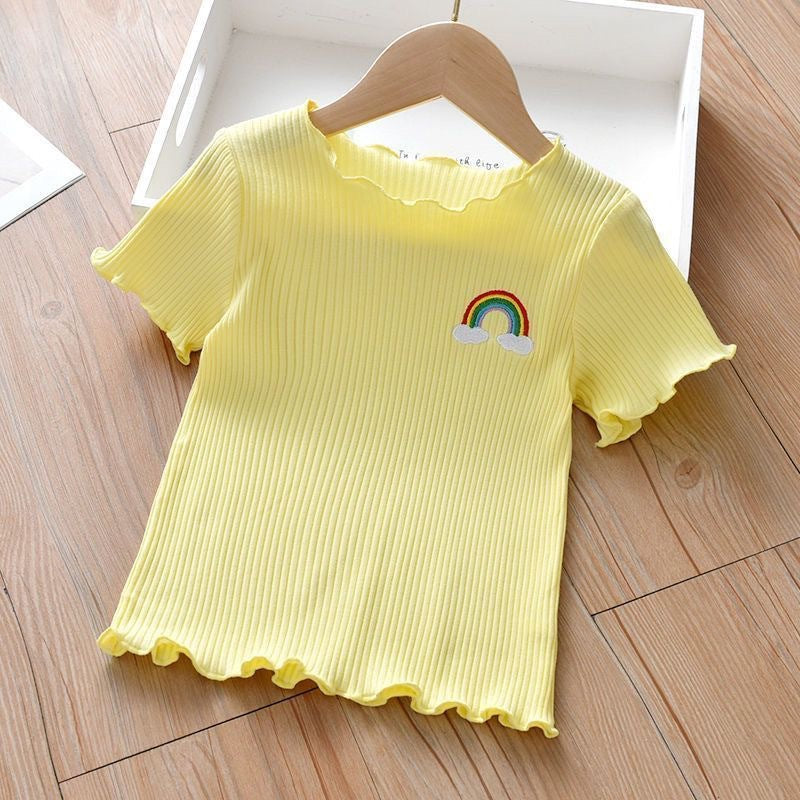 Embroidered Children's Short-sleeved T-shirt Summer Wear Ear Base Shirt Little Girl Baby Cute Western Style Top