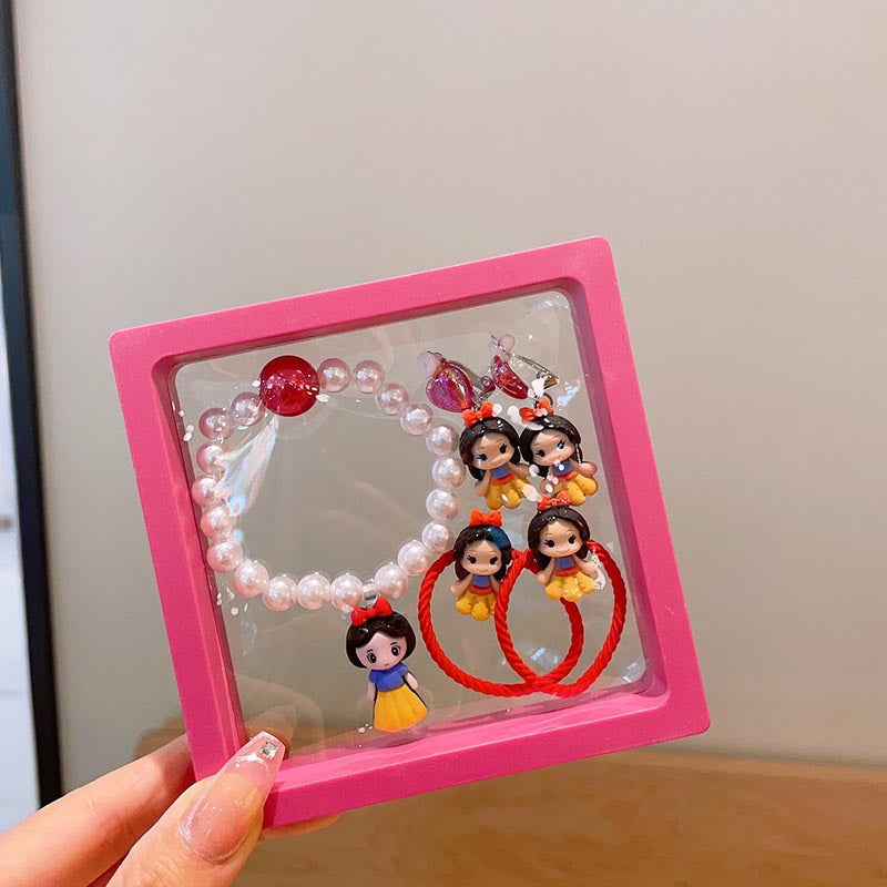 Children's Cartoon Princess Beaded Bracelet Set Cute Baby Hairpin Rubber Tendon Earrings Jewelry Gift Box Girls' Accessories