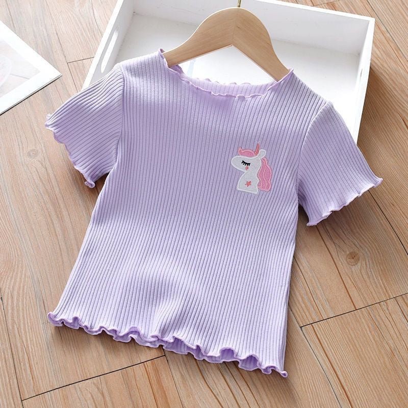 Embroidered Children's Short-sleeved T-shirt Summer Wear Ear Base Shirt Little Girl Baby Cute Western Style Top