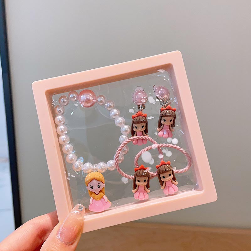 Children's Cartoon Princess Beaded Bracelet Set Cute Baby Hairpin Rubber Tendon Earrings Jewelry Gift Box Girls' Accessories