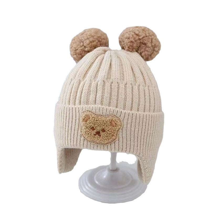 Baby Hat Bear Wool Knitted Cap Solid Color Beret Winter Baby Ear Protection Cap