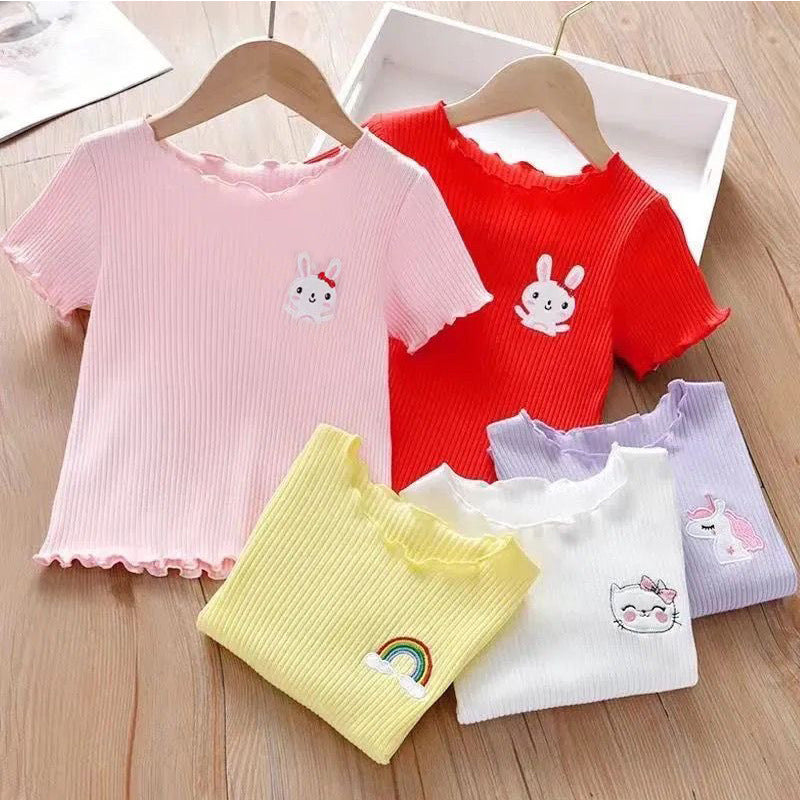 Embroidered Children's Short-sleeved T-shirt Summer Wear Ear Base Shirt Little Girl Baby Cute Western Style Top