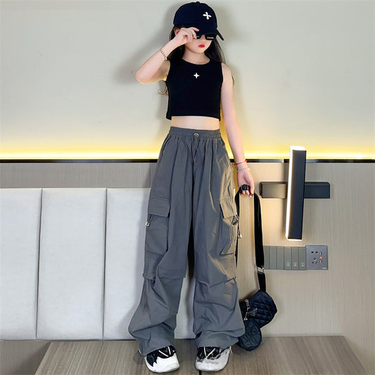 Girls' Caution Pants Street-style Foot Pants Girls' Street Dance High Waist Pants