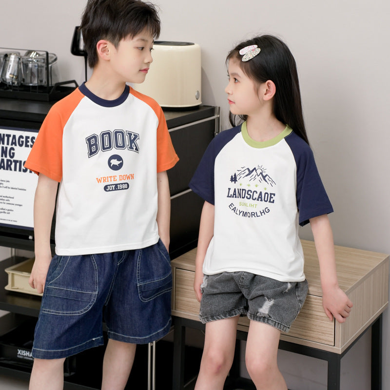 Summer Children's Short-sleeved T-shirt Boys' Raglan Printed Cotton Big Children's Half-sleeved Girls' Bottoming Top Children's Children's Wear