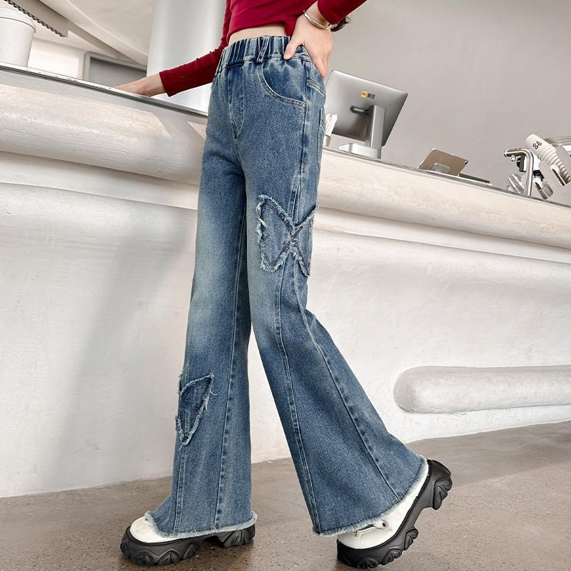 Girls Flared Pants Stretch Casual Denim Trousers