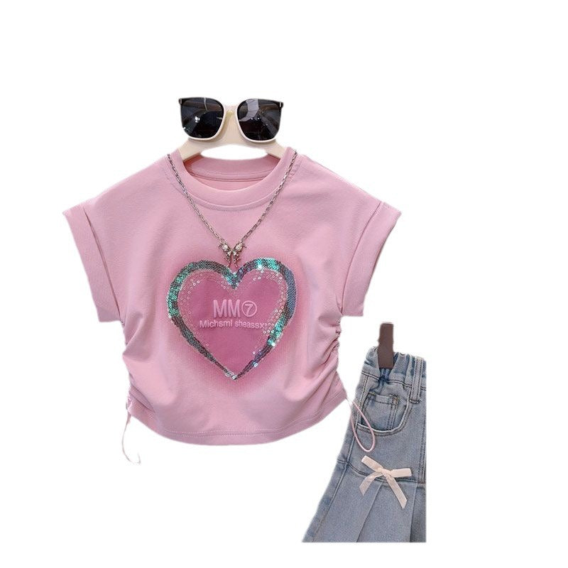 Sequin Fashionable Loving Heart Tight Waist Slimming Short-Sleeved T-Shirt All-Match Stylish Short Top