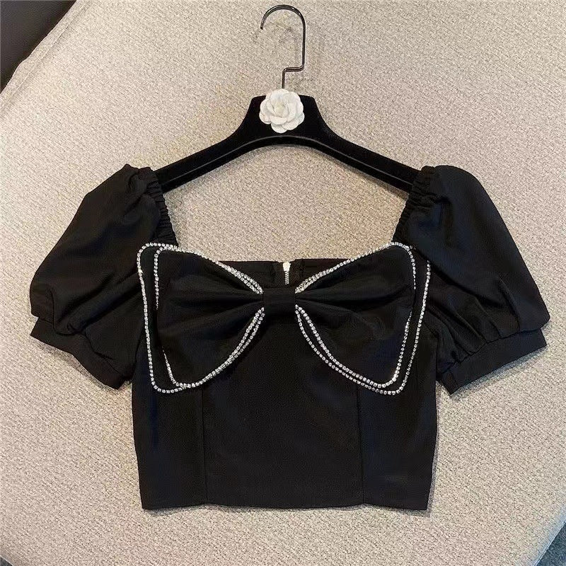 Girls' Puff Sleeve Shirt Square Collar Bow Diamond-embedded Children's Fashion Short Top Fashion