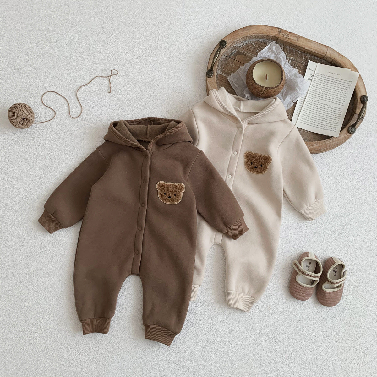 Children's Jumpsuit Thickened Autumn And Winter Fleece Bear Romper Newborn Fleece-lined Romper  Baby Outer Wear