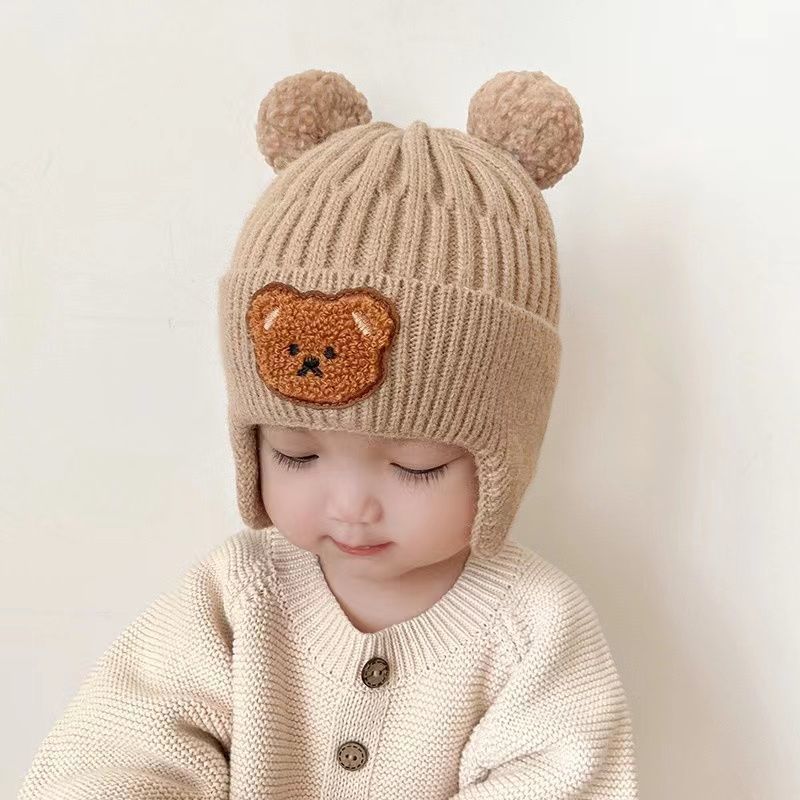 Baby Hat Bear Wool Knitted Cap Solid Color Beret Winter Baby Ear Protection Cap