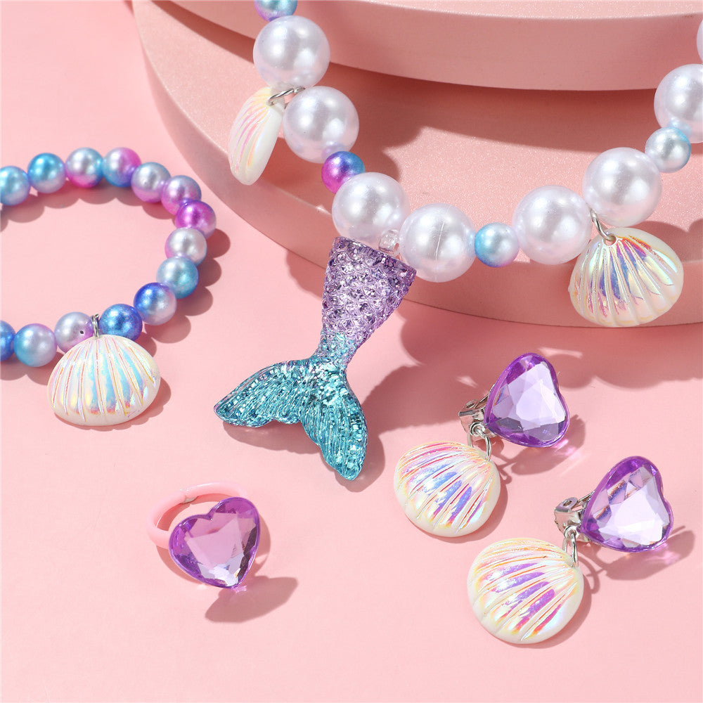 Mermaid Necklace Pearl Non-allergic Beaded Set Children Cute Mermaid Princess Necklace Jewelry